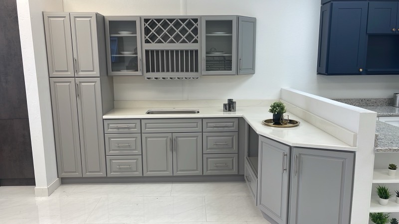 Gray display kitchen in the MNK Cabinet contractor showroom in Norcross